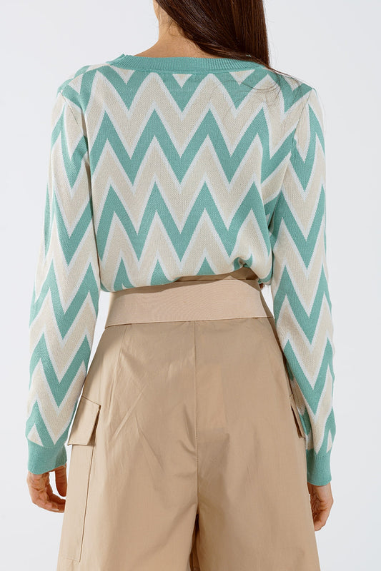 Turquoise  sweater with  zig zag print in Beige  with white details