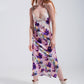 Q2 V back Satin midi dress in purple clashing floral print