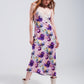 V back Satin midi dress in purple clashing floral print