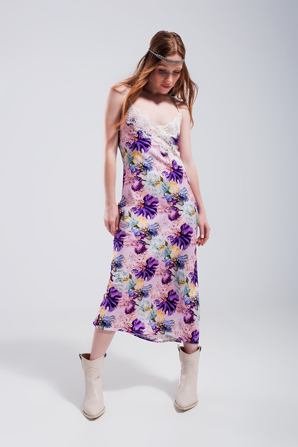 V back Satin midi dress in purple clashing floral print