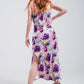 V back Satin midi dress in purple clashing floral print