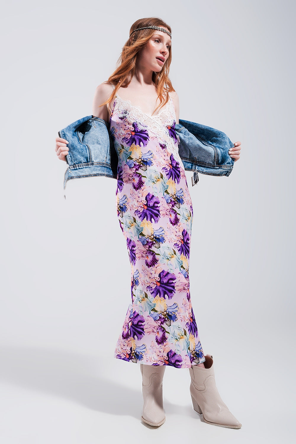 V back Satin midi dress in purple clashing floral print