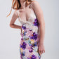 V back Satin midi dress in purple clashing floral print