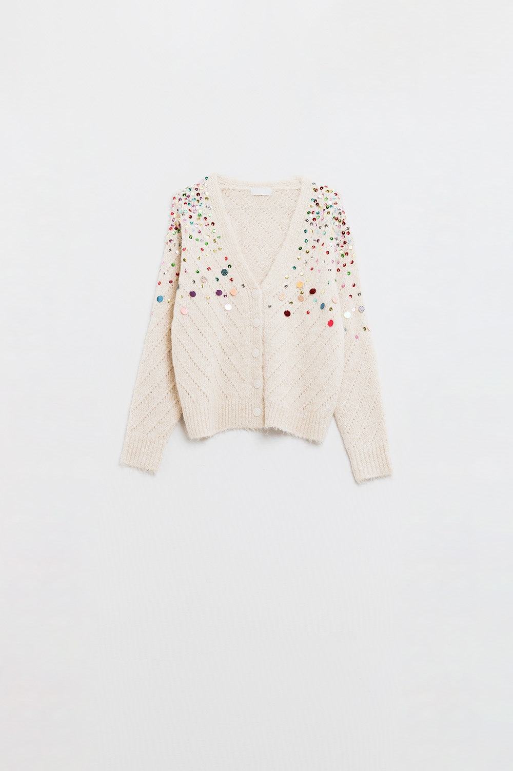 Q2 V-neck Cardigan With Multicolor Embroidered Sequin in beige