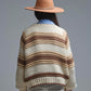 V-neck Chunky Knit Cardigan in striped of Brown and camel