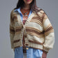 V-neck Chunky Knit Cardigan in striped of Brown and camel