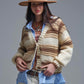 Q2 V-neck Chunky Knit Cardigan in striped of Brown and camel