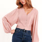 Q2 V-neck Cropped Shirt With Super Voluminous Sleeves in Pink