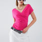 Q2 V-neck crossed drapped fitted top with cap sleeves in Fuchsia