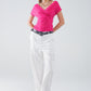 V-neck crossed drapped fitted top with cap sleeves in Fuchsia