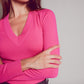 V neck fine knit jumper in fuchsia