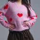 Q2 V-neck Long Sleeve Pink Sweater With Red Hearts