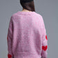 V-neck Long Sleeve Pink Sweater With Red Hearts