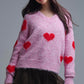V-neck Long Sleeve Pink Sweater With Red Hearts