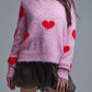 V-neck Long Sleeve Pink Sweater With Red Hearts