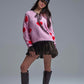 V-neck Long Sleeve Pink Sweater With Red Hearts