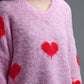 V-neck Long Sleeve Pink Sweater With Red Hearts