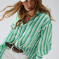 Q2 Vertical Striped satin Shirt in Green with Button Up Closing