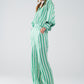 Vertical Striped satin Shirt in Green with Button Up Closing