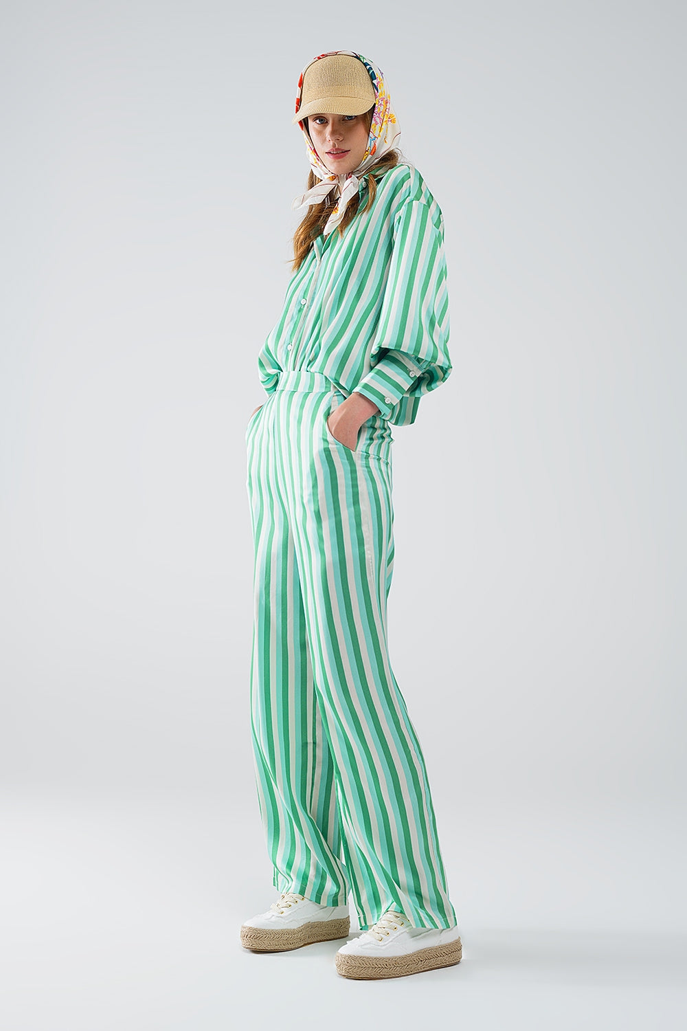 Vertical Striped satin Shirt in Green with Button Up Closing