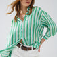 Vertical Striped satin Shirt in Green with Button Up Closing