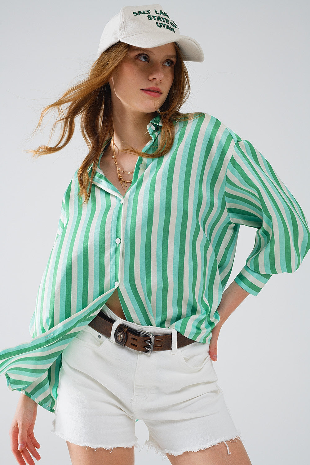 Vertical Striped satin Shirt in Green with Button Up Closing