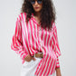 Q2 Vertical Striped satin Shirt in Pink with Button Up Closing