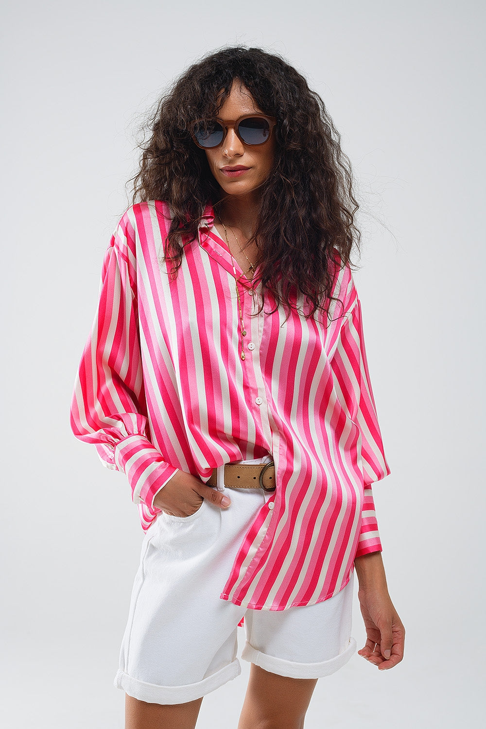 Q2 Vertical Striped satin Shirt in Pink with Button Up Closing