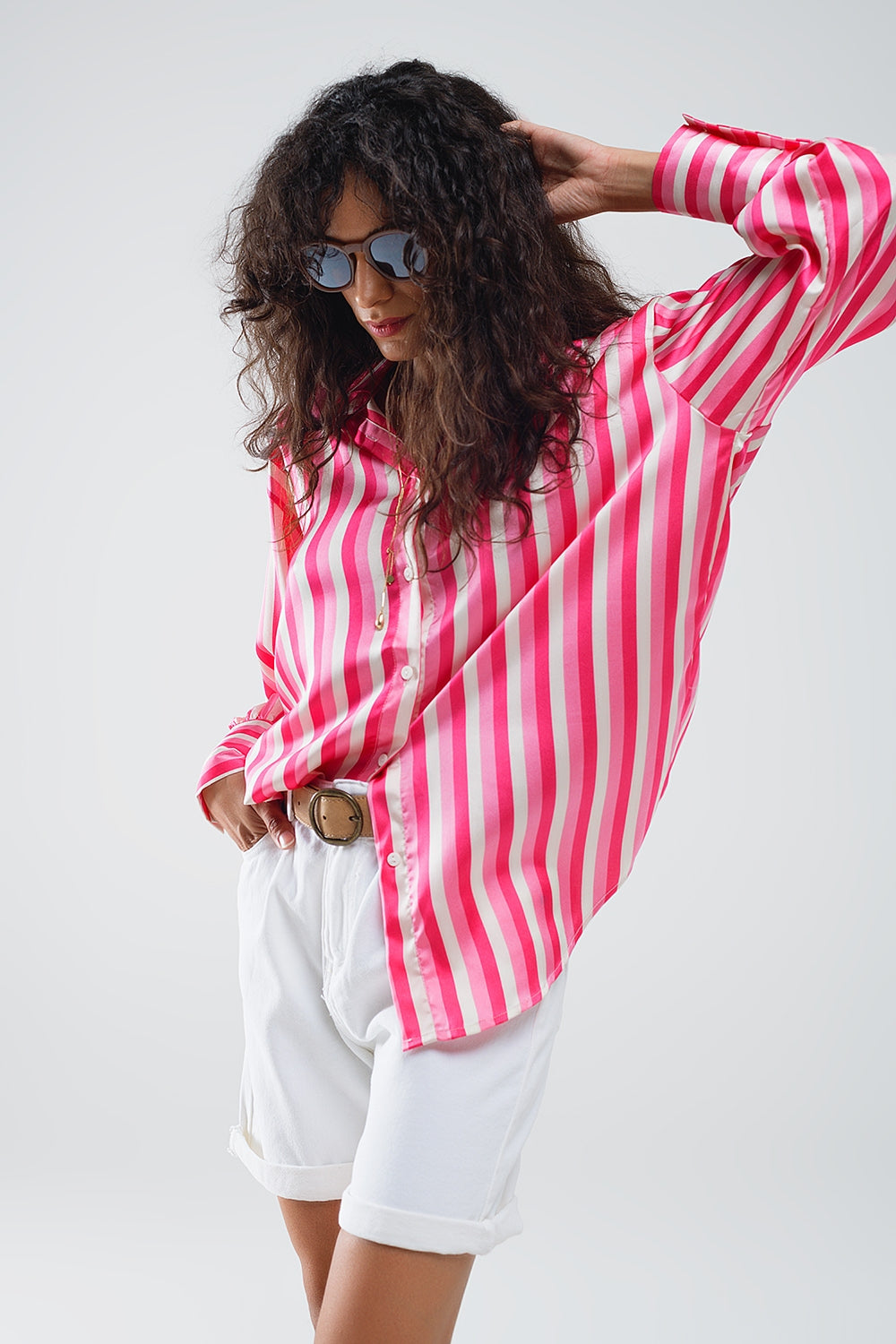 Vertical Striped satin Shirt in Pink with Button Up Closing