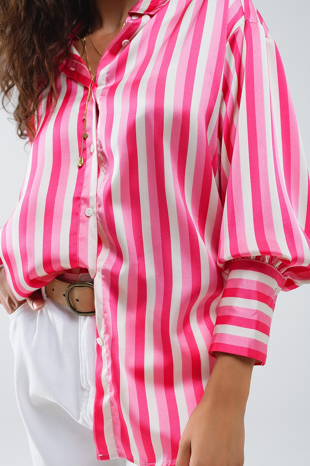 Vertical Striped satin Shirt in Pink with Button Up Closing