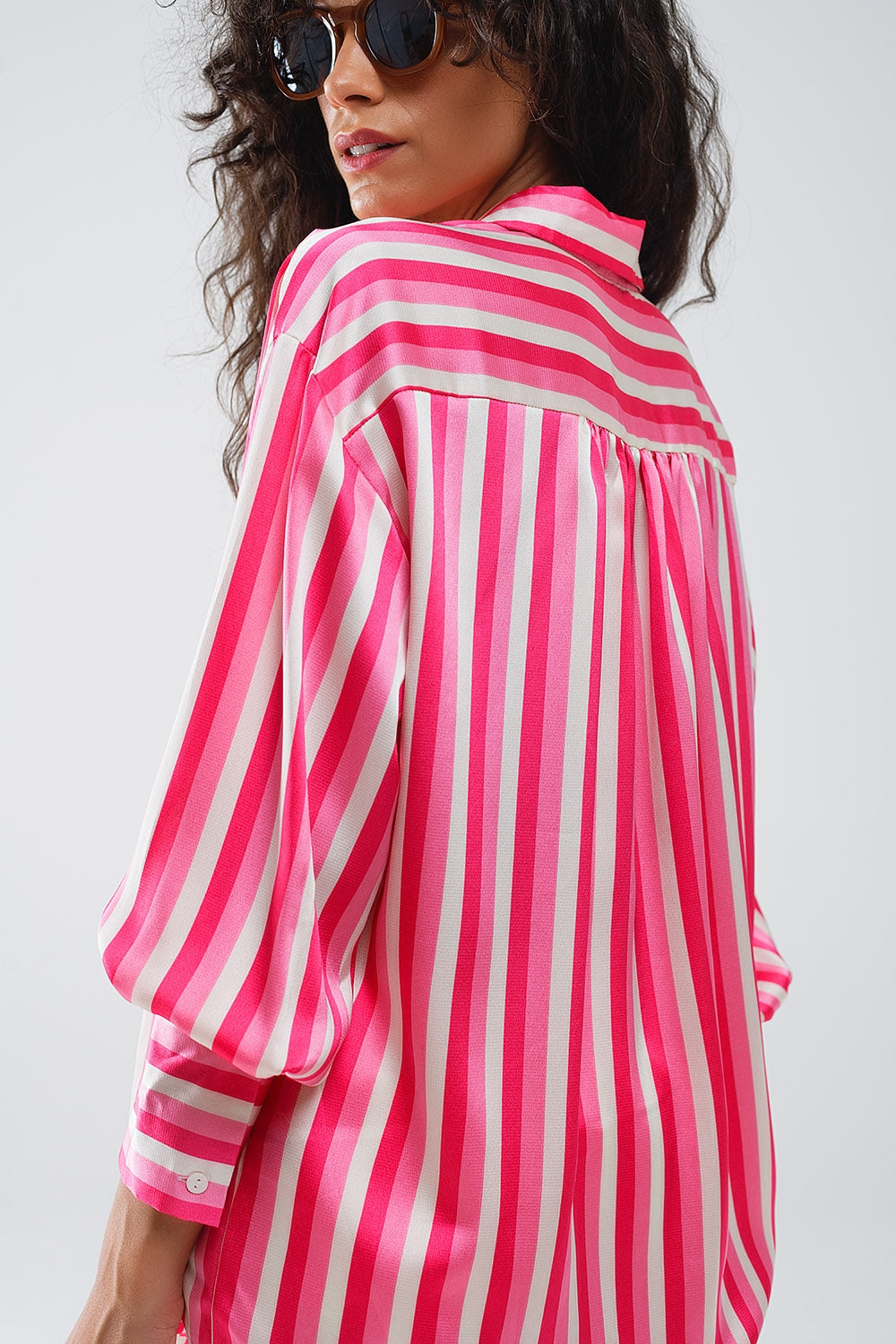 Vertical Striped satin Shirt in Pink with Button Up Closing