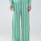 Q2 Vertical Striped Straight Leg satin Pants in Green