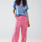 Vertical Striped Straight Leg satin Pants in Pink