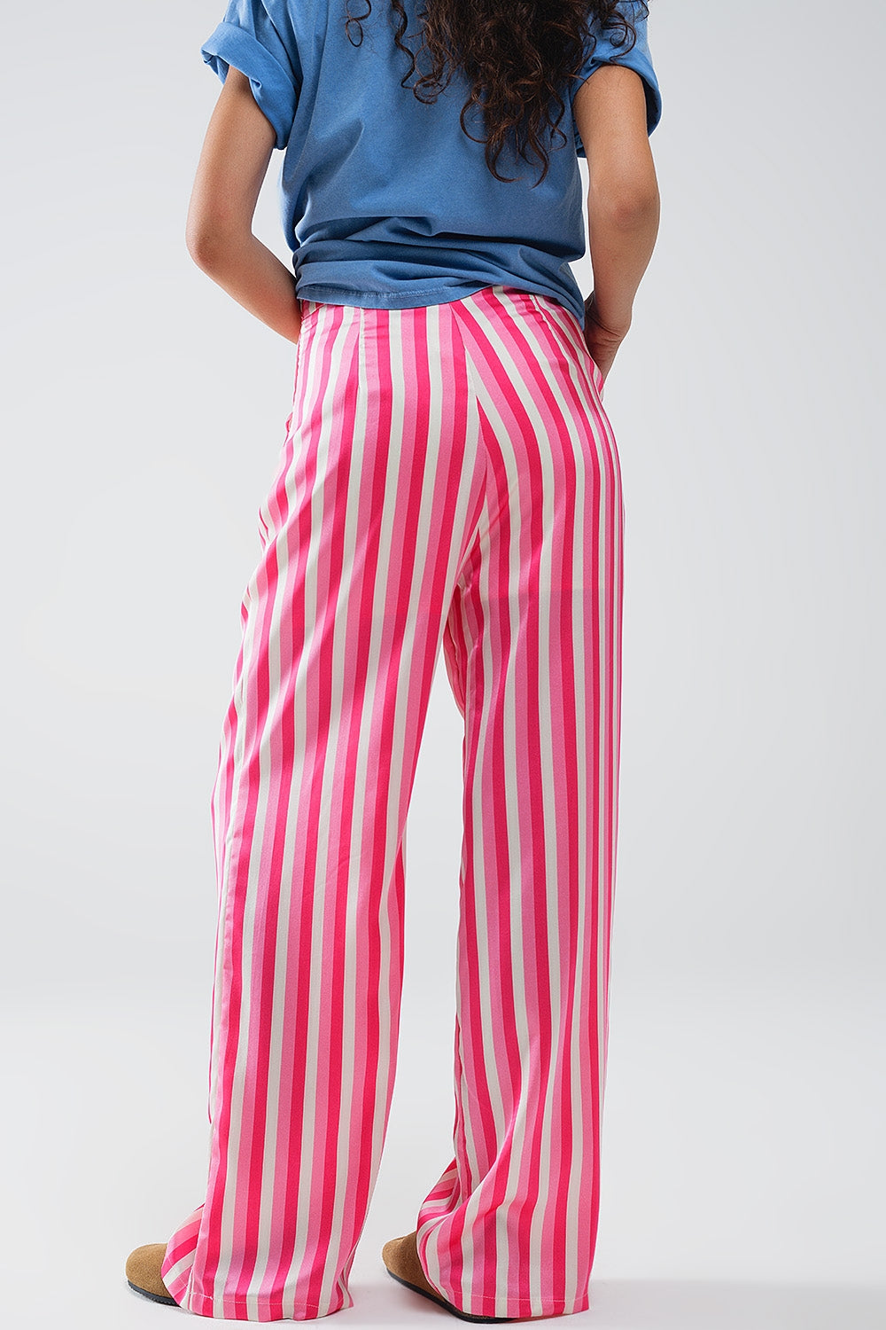 Vertical Striped Straight Leg satin Pants in Pink