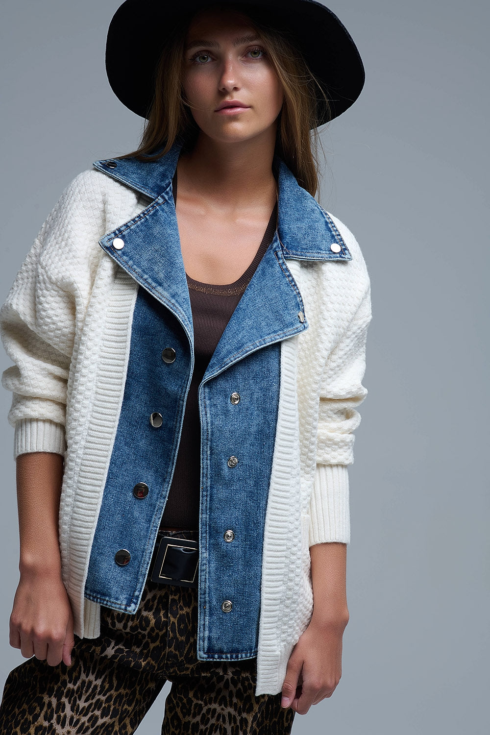Q2 Waffle Knit Cardigan in White with Blue Chunky Denim inside