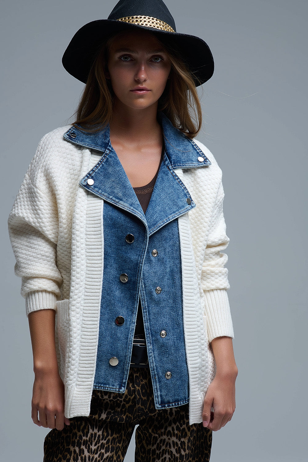 Waffle Knit Cardigan in White with Blue Chunky Denim inside