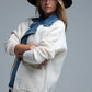 Waffle Knit Cardigan in White with Blue Chunky Denim inside