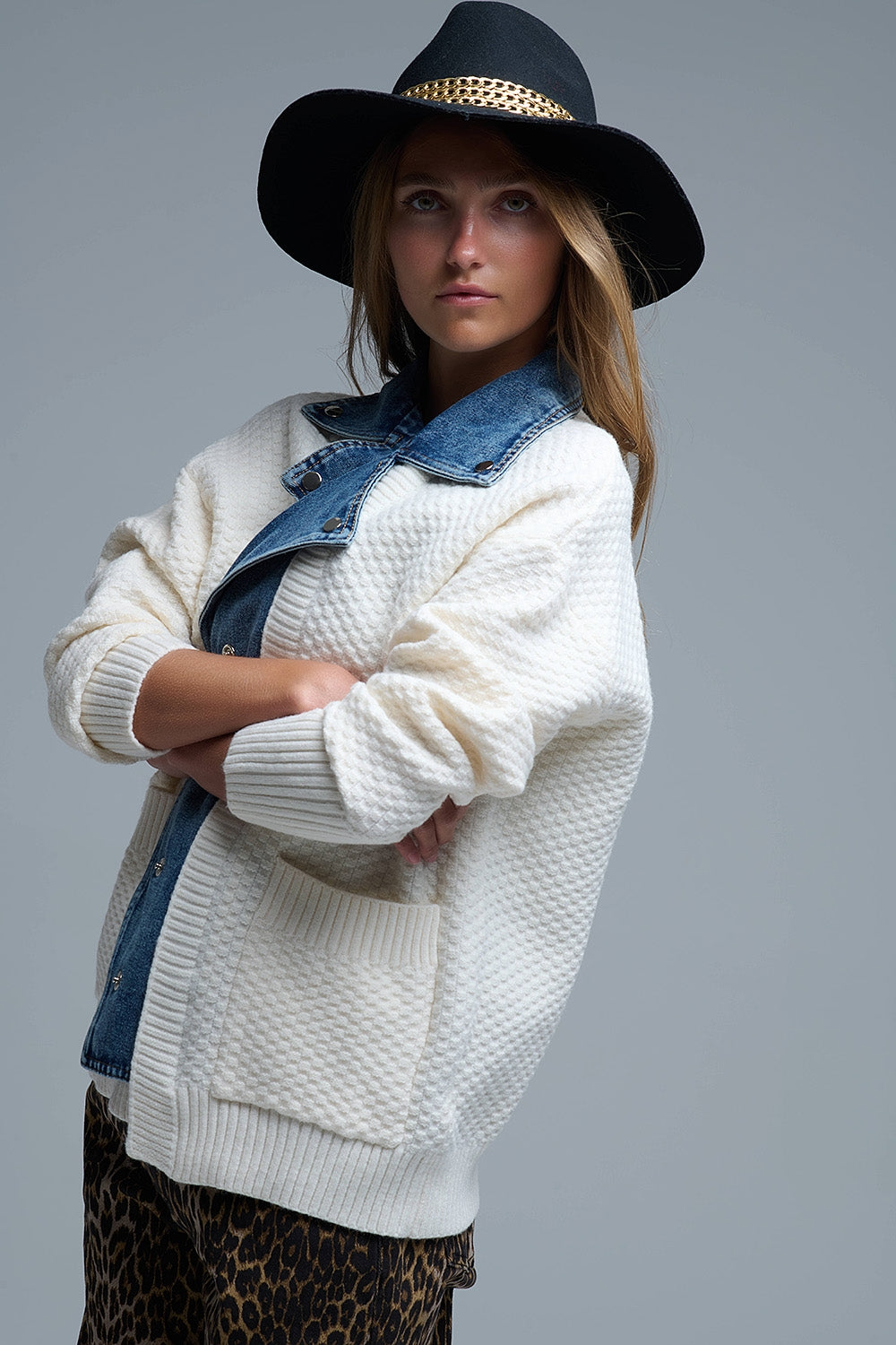 Waffle Knit Cardigan in White with Blue Chunky Denim inside