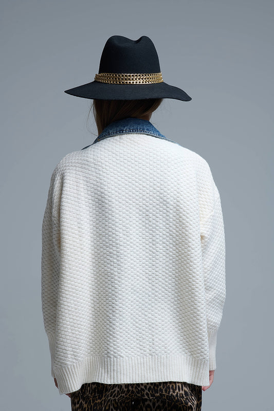 Waffle Knit Cardigan in White with Blue Chunky Denim inside