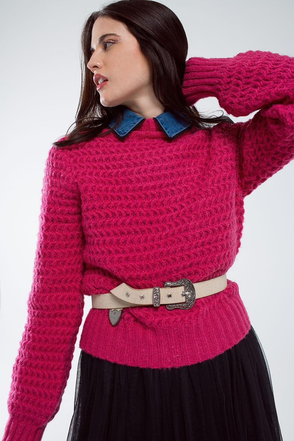 Q2 Waffle Knit Relaxed jumper With High Neck in Red