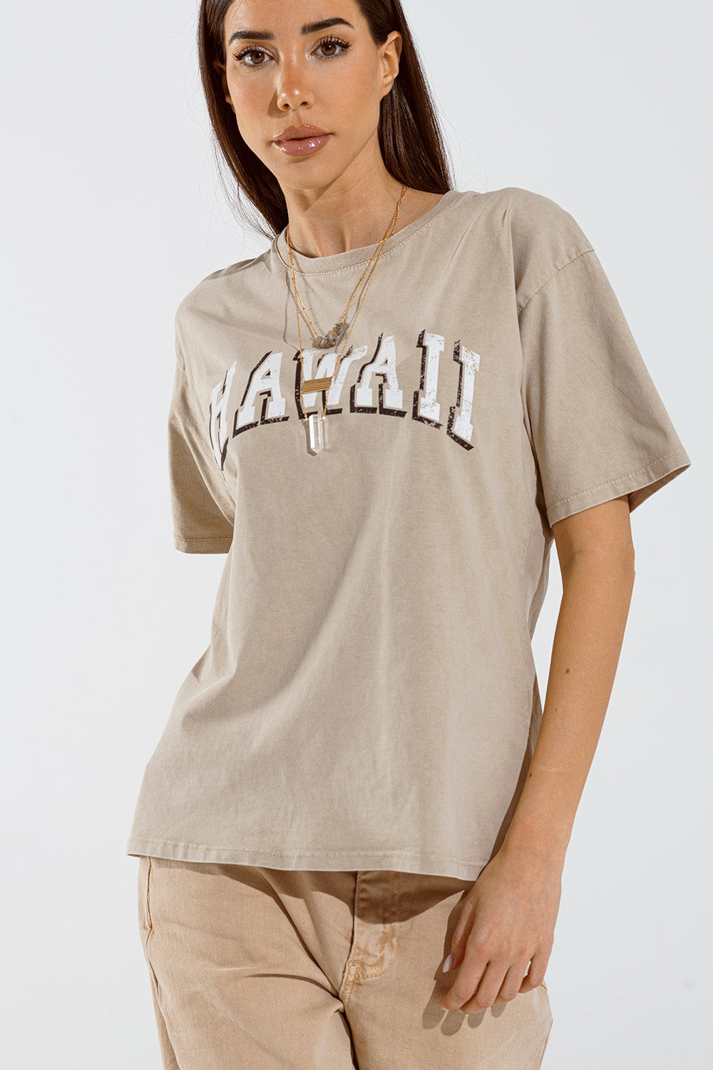 Q2 Washed Effect Hawaii T-Shirt In Beige