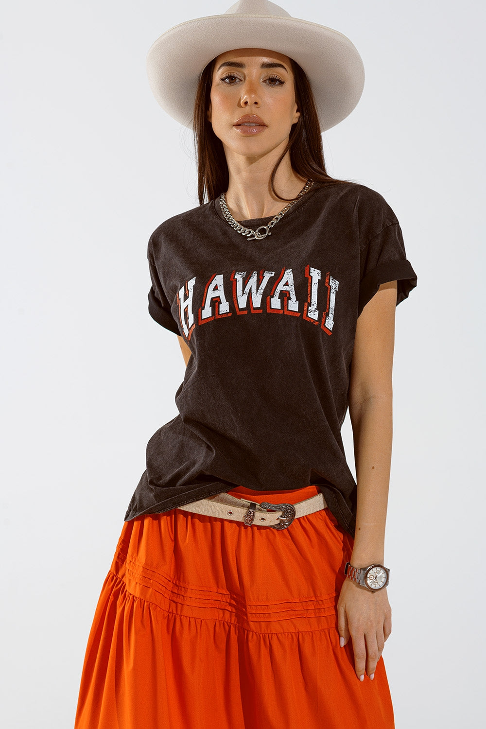 Q2 Washed Effect Hawaii T-Shirt In Black