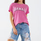 Q2 Washed Effect Hawaii T-Shirt In Fuchsia