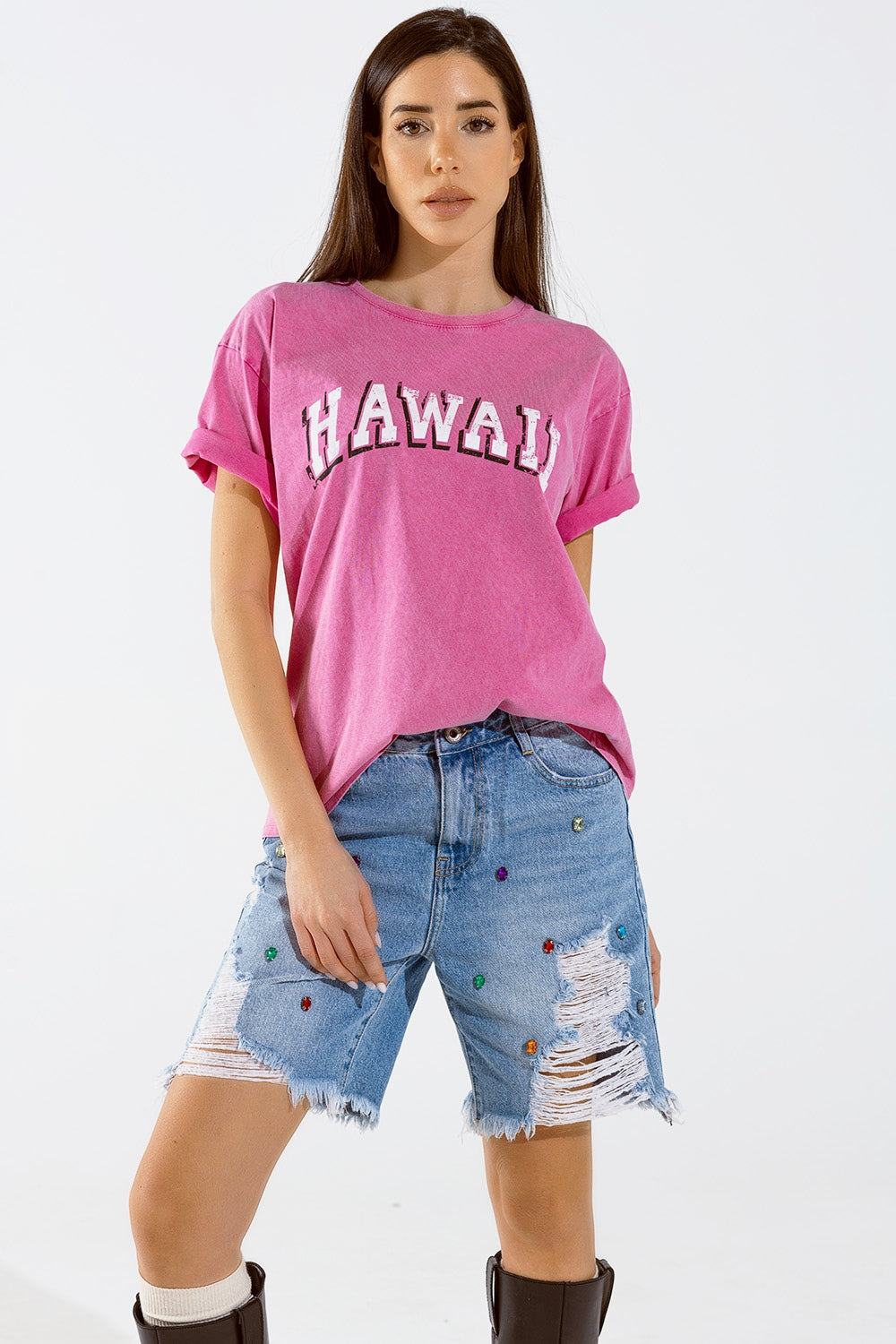 Q2 Washed Effect Hawaii T-Shirt In Fuchsia