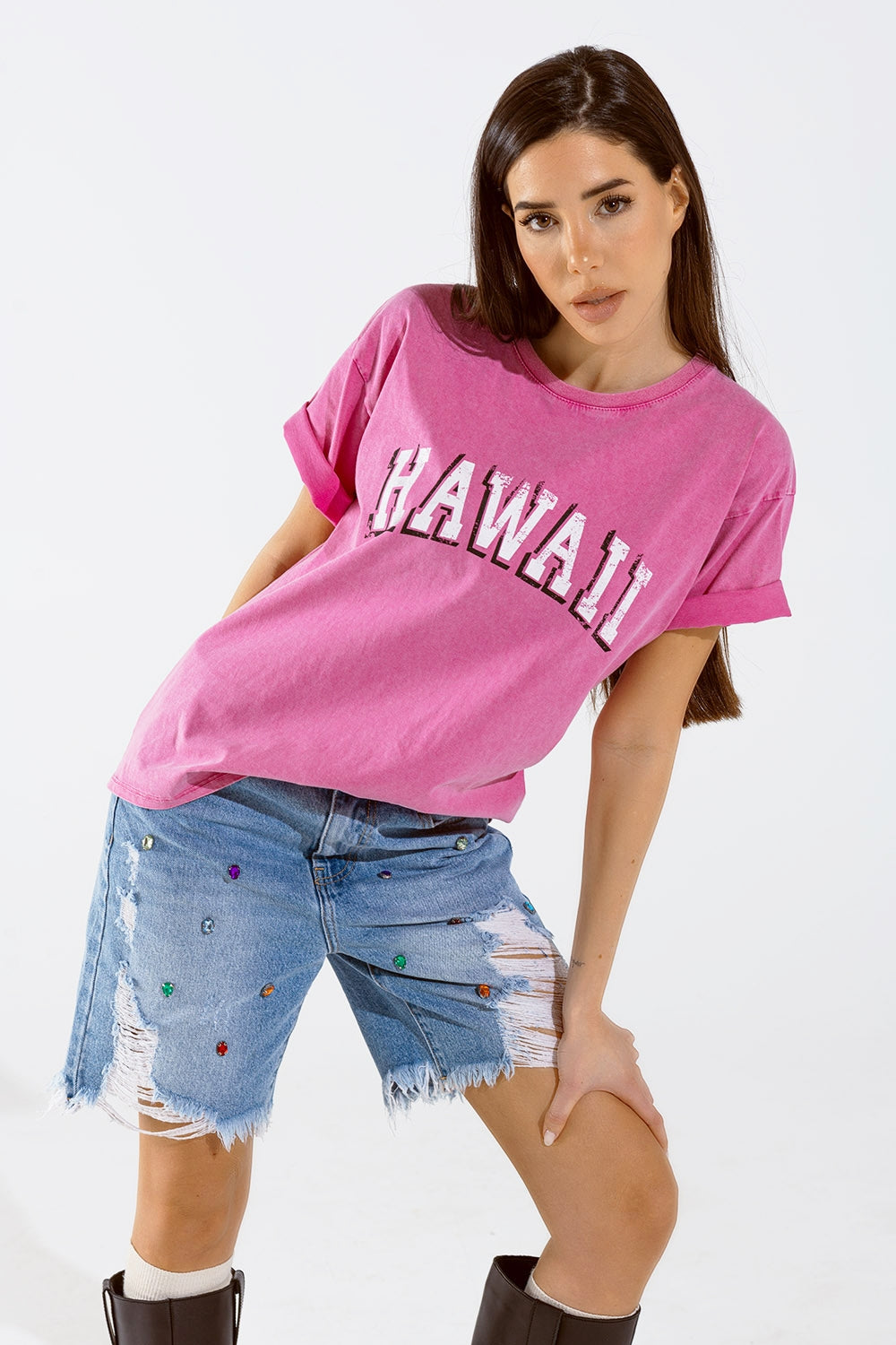 Camiseta hawaiana con efecto lavado en fucsia