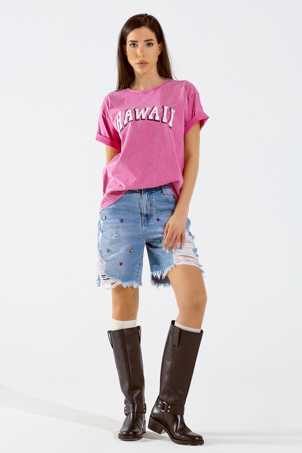 Washed Effect Hawaii T-Shirt In Fuchsia