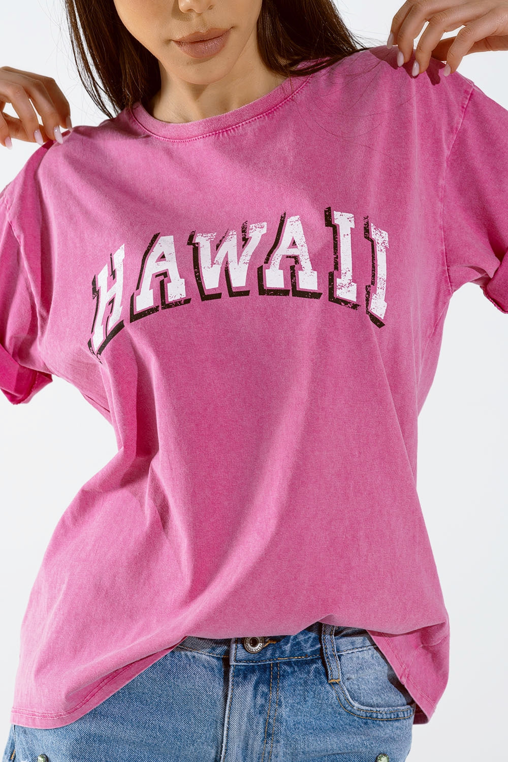 Camiseta hawaiana con efecto lavado en fucsia