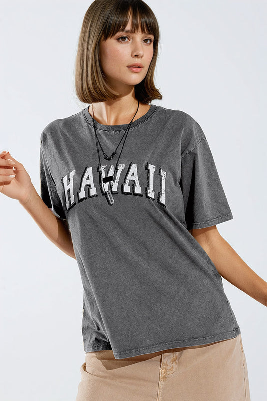 Q2 Washed Effect Hawaii T-Shirt In Grey