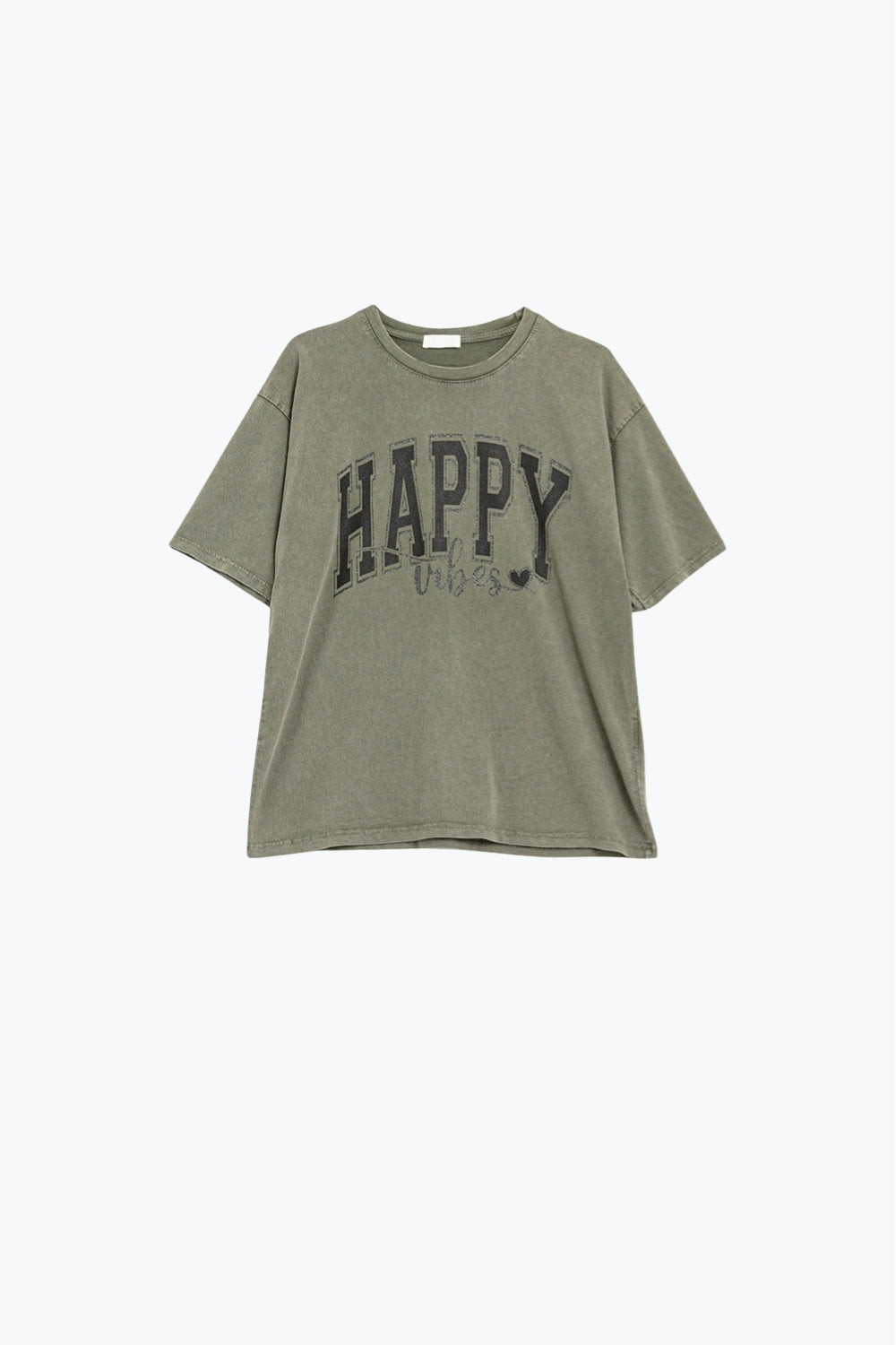 Q2 Washed Khaki Green Happy Vibes Graphic Relaxed T-Shirt