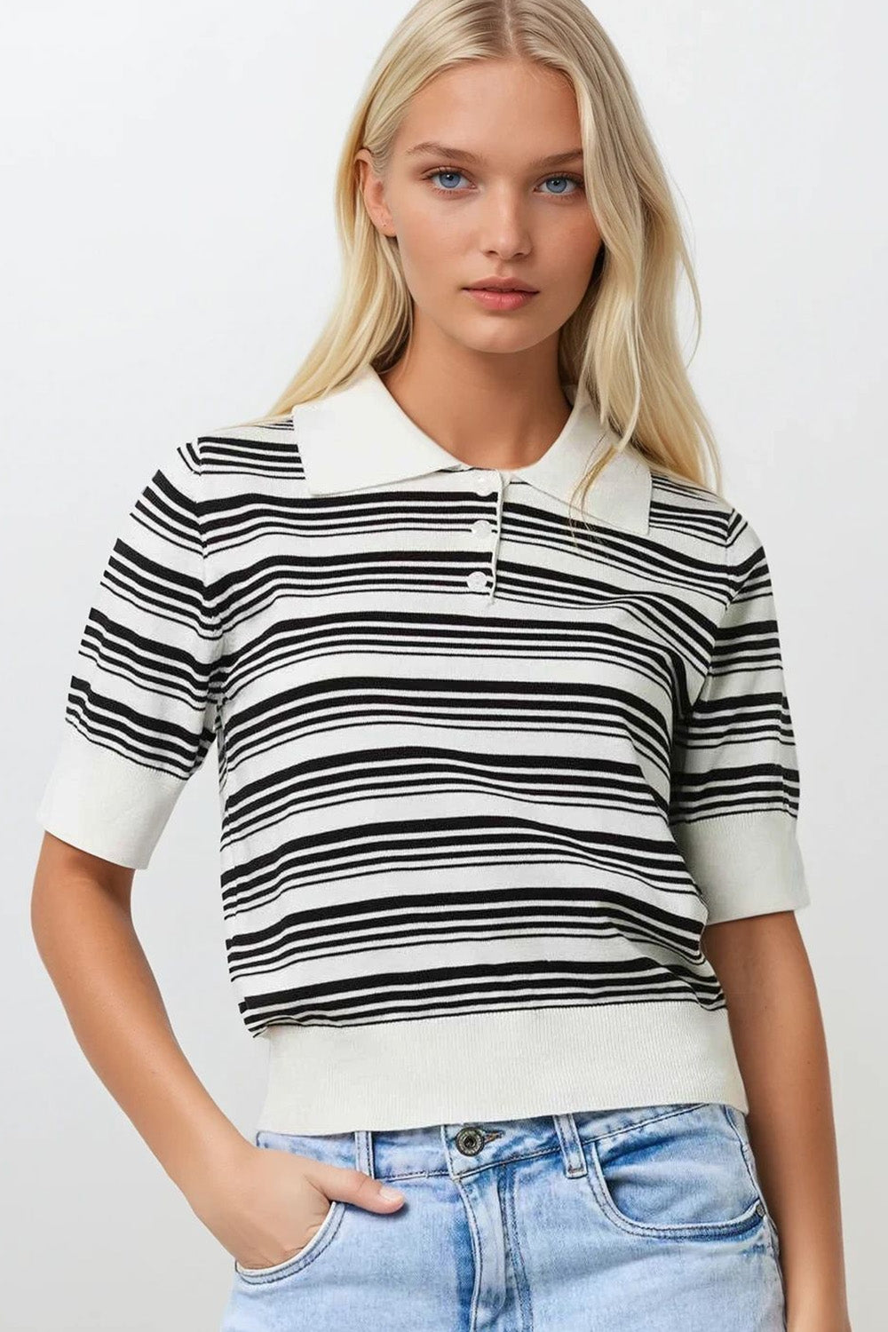 Q2 White and Black Striped Sweater With Polo Neck